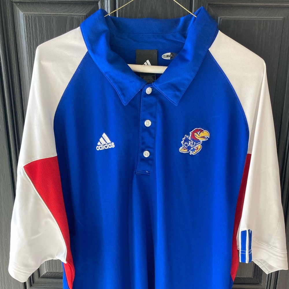 EUC KU Jayhawks men’s Adidas Royal blue and white polo golf shirt XXL